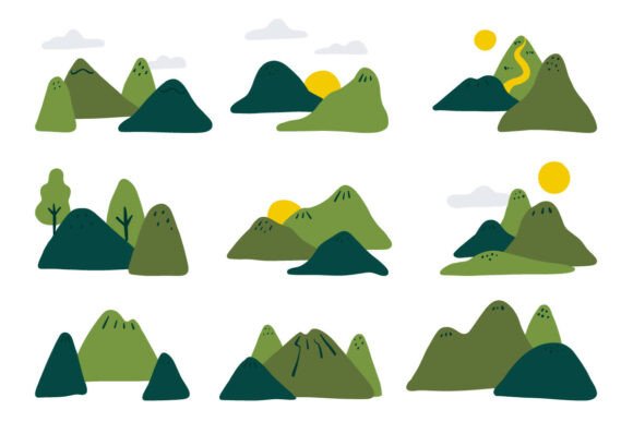 Hand Drawn Mountain Landscape Element Set: Creative Design Assets
