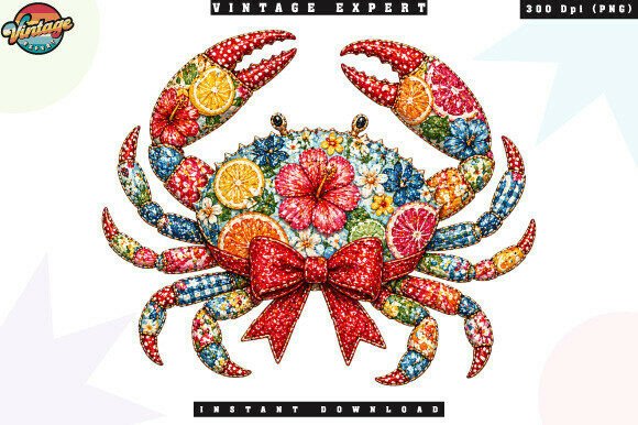 Tropical Crab Floral Bow Patchwork: Coastal Charm for Creative Projects