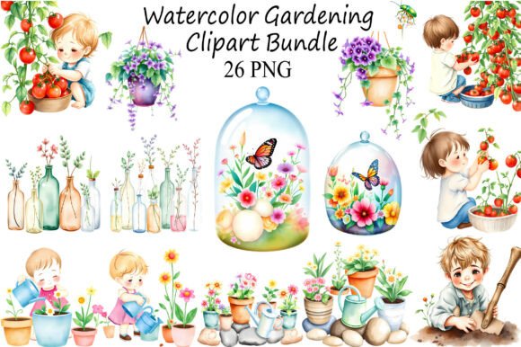 Watercolor Gardening Clipart Bundle: Charming Design Elements